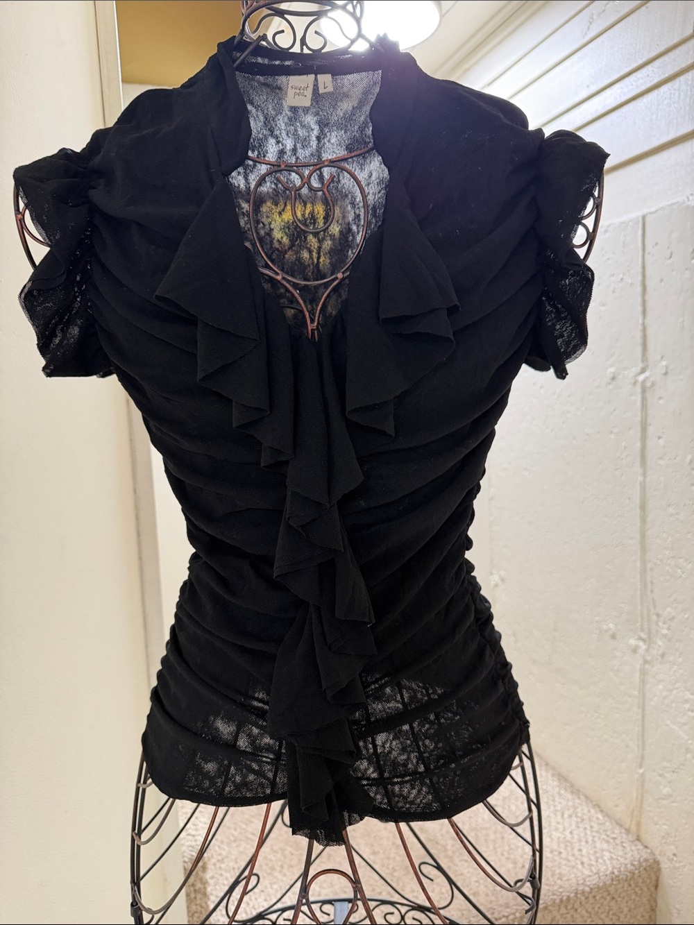 Black Ruffle Front Blouse - Mesh Knit